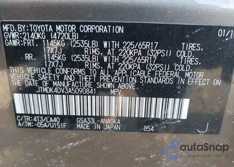 2010 Toyota Rav4 Limited V6 из США, поврежденный, VIN JTMDK4DV3A5090841